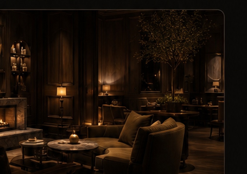 A warm, atmospheric hospitality lounge with amber lighting, layered seating, and a cinematic interior mood.