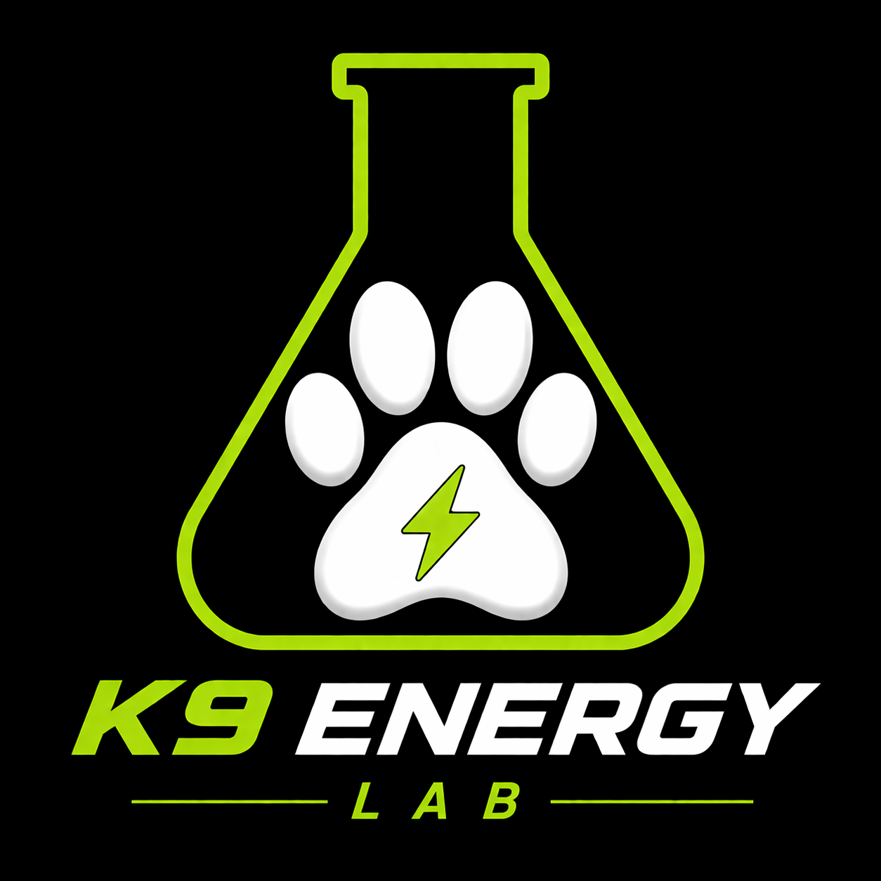 K9 Energy Lab concept logo with a neon green laboratory flask, paw print, and lightning bolt.