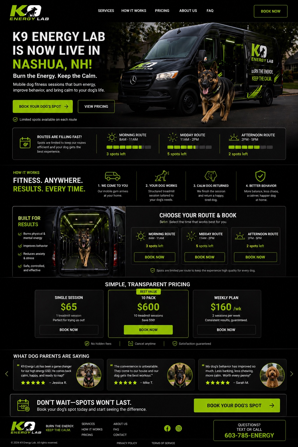 K9 Energy Lab launch website concept for Nashua, New Hampshire with pricing, routes, social proof, and booking calls to action.