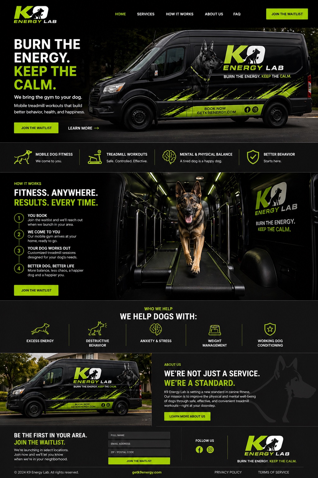 K9 Energy Lab waitlist homepage concept showing branded mobile van, service breakdown, and signup area.