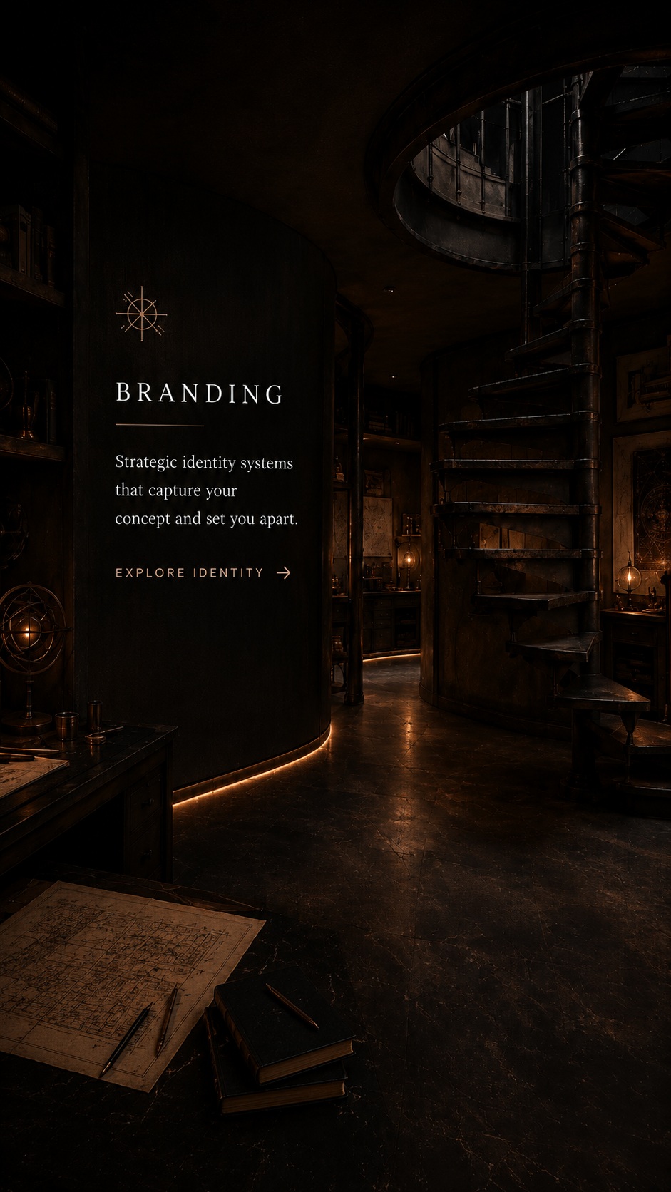 Dark circular observatory chamber with spiral staircase introducing branding.