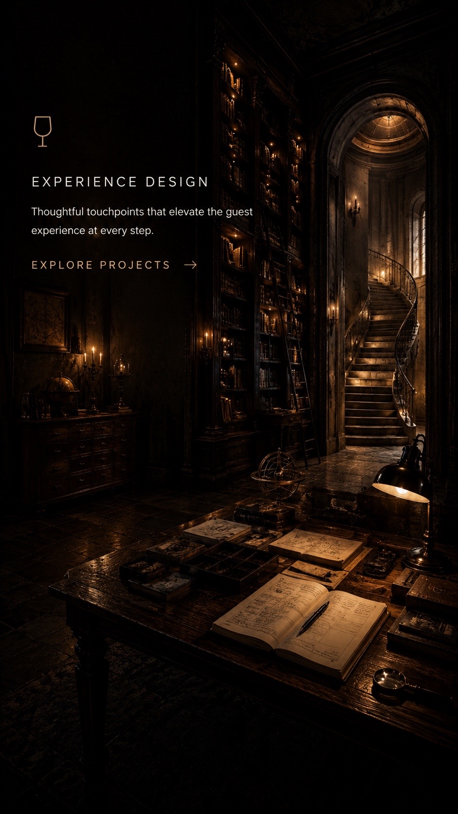 Candle-lit observatory archive hall introducing experience design.