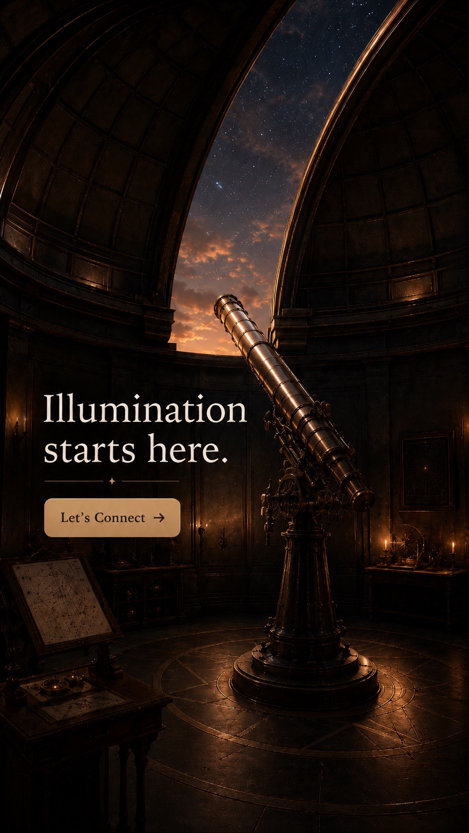 Final observatory dome chamber with telescope and Illumination starts here call to action.