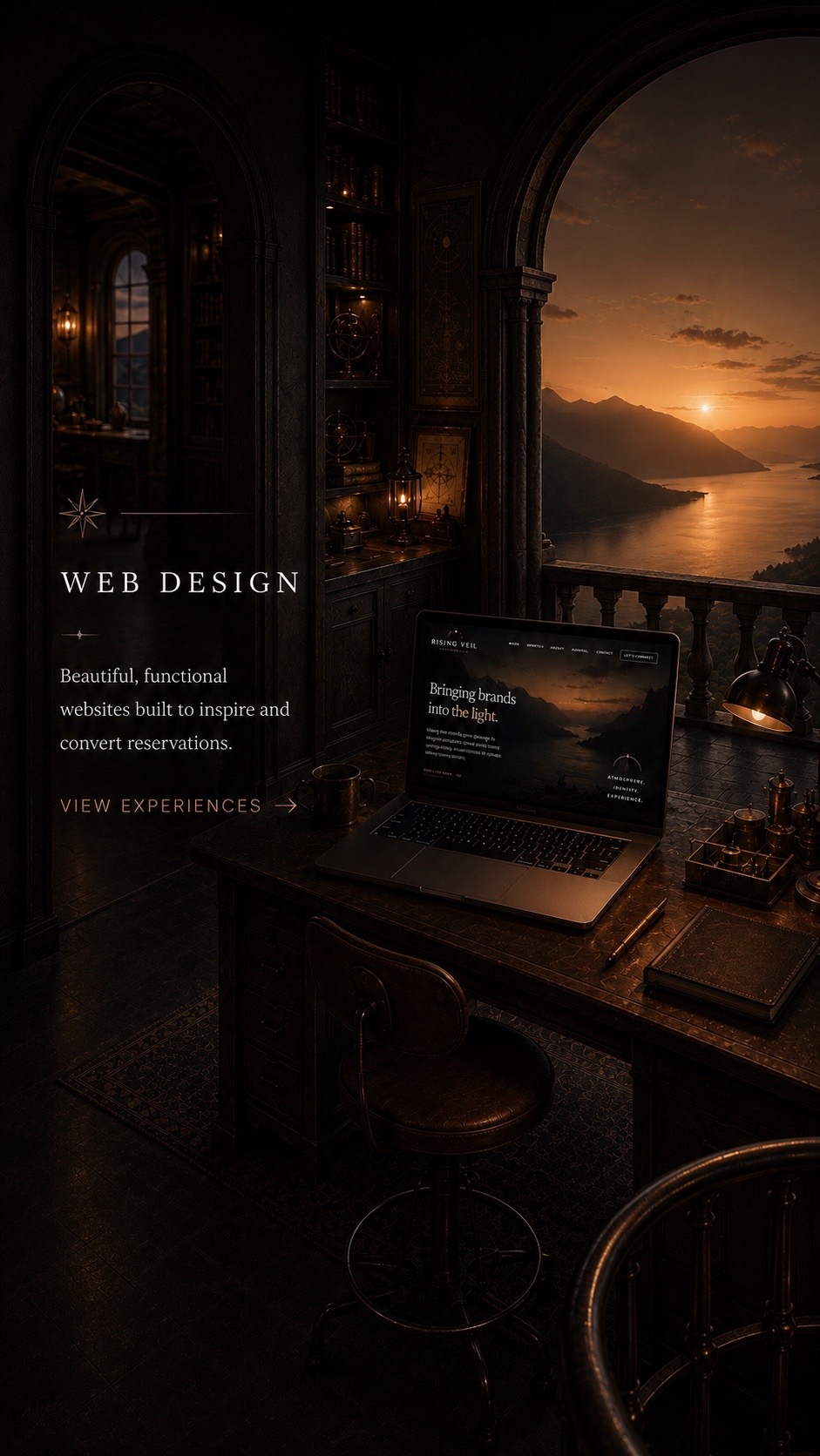 Elevated observatory workspace with laptop overlooking the mountain lake vista.